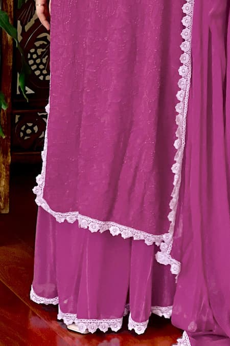 LABEL AISHWARYRIKA Purple Georgette Lace, Embroidery Floral Chikankari Kurta Palazzo Set Online at Aza Fashions LABEL AISHWARYRIKA_Purple Georgette Lace, Embroidery Floral Chikankari Kurta Palazzo Set _Online_at_Aza_Fashions