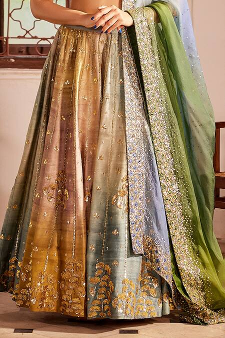 Buy_Loka By Veerali Raveshia_Green Silk, Georgette, Tussar 3d Floral Gotapatti Embroidered Lehenga Set _Online_at_Aza_Fashions