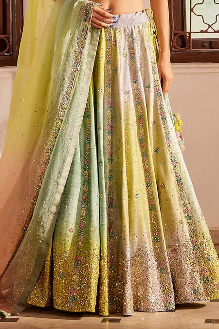 Buy_Loka By Veerali Raveshia_Green , Organza, Satin Beads, Ombre Flower Embroidered Lehenga Set _Online_at_Aza_Fashions