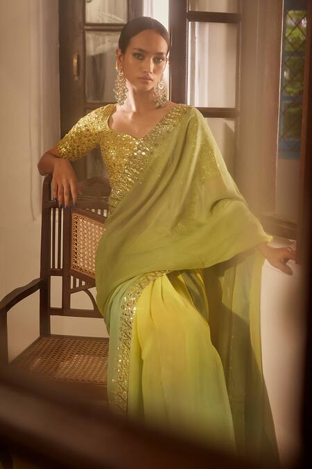 Buy Loka By Veerali Raveshia Green Chanderi Silk, Georgette Mirrors, Sequins, Pistachio Ombre Saree Set Online at Aza Fashions Buy_Loka By Veerali Raveshia_Green Chanderi Silk, Georgette Mirrors, Sequins, Pistachio Ombre Saree Set _Online_at_Aza_Fashions