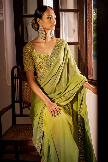 Loka By Veerali Raveshia Pistachio Green Ombre Saree Set 