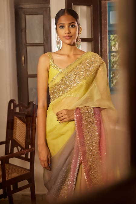 Loka By Veerali Raveshia Ombre Mirrorwork Saree Set 