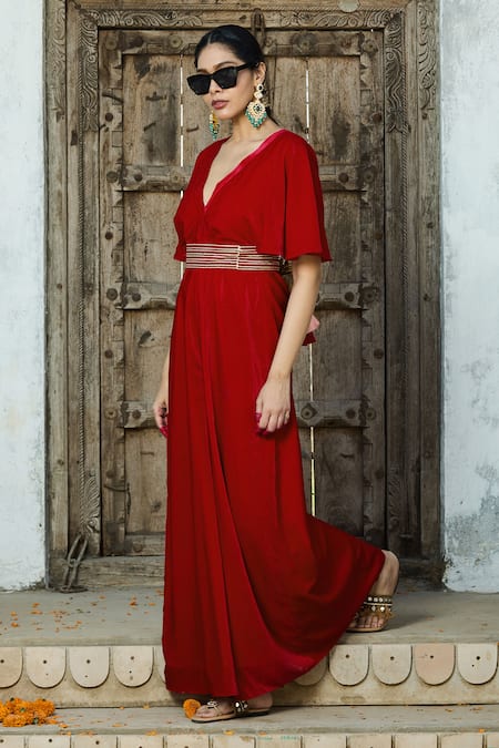 Buy_Monk & Mei By Sonia Anand_Red Velvet Gota Patti V-neck Crimson Embroidered Jumpsuit With Belt _Online_at_Aza_Fashions