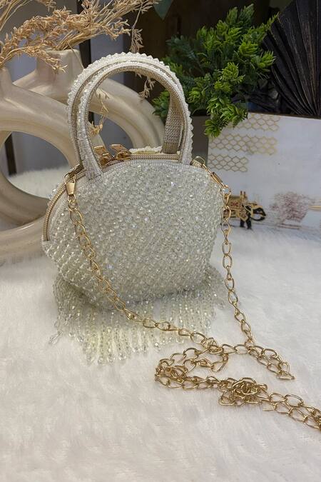 Soniya G_White Beads Velvet Mini Clutch With Chain_Online_at_Aza_Fashions