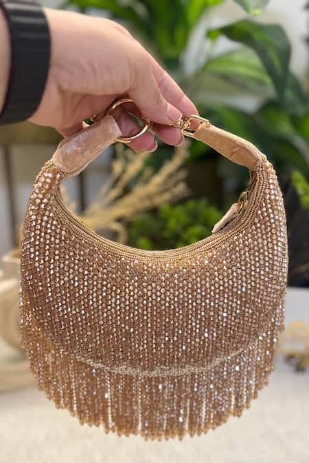 Soniya G Golden Beaded Tassel Clutch 