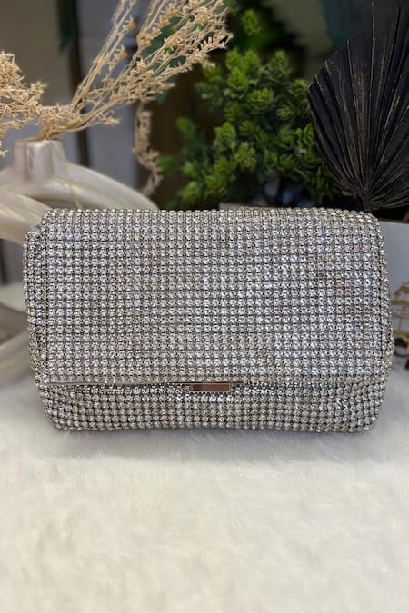 Soniya G Silver Rhinestone Embellished Clutch 