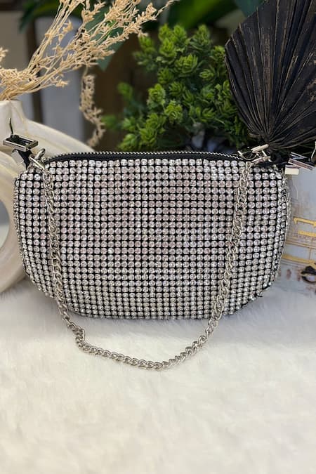 Soniya G Rhinestone Embellished Silver Clutch 