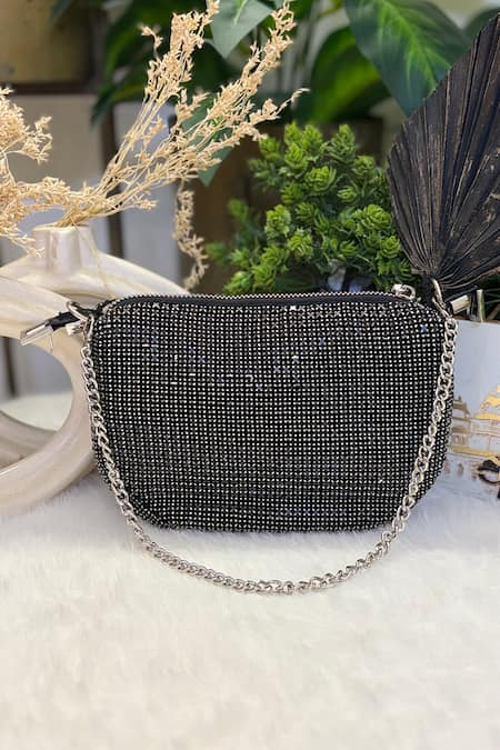 Soniya G Black Rhinestone Embellished Clutch 
