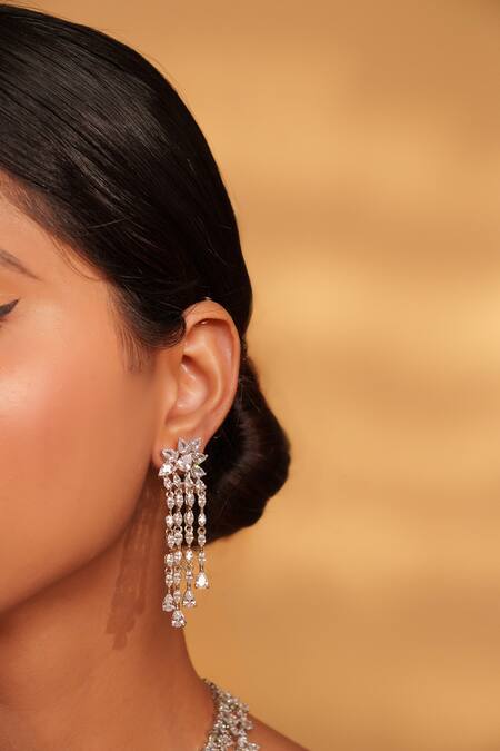 Zevar By Geeta White Fabric Flowers Double Layered Necklace Set With Earrings Online at Aza Fashions Zevar By Geeta_White Fabric Flowers Double Layered Necklace Set With Earrings _Online_at_Aza_Fashions