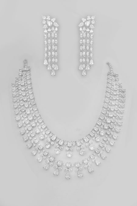 Shop Zevar By Geeta White Fabric Flowers Double Layered Necklace Set With Earrings at Aza Fashions Shop_Zevar By Geeta_White Fabric Flowers Double Layered Necklace Set With Earrings _at_Aza_Fashions