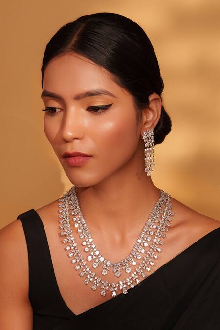 Shop Zevar By Geeta White Fabric Flowers Double Layered Necklace Set With Earrings Online at Aza Fashions Shop_Zevar By Geeta_White Fabric Flowers Double Layered Necklace Set With Earrings _Online_at_Aza_Fashions