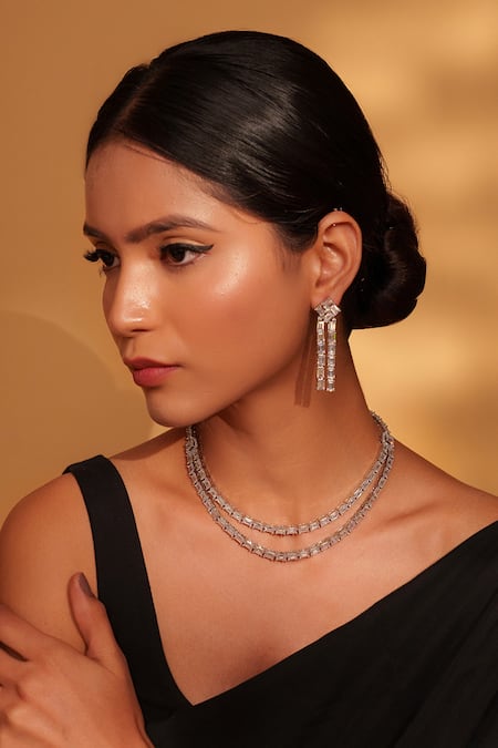 Zevar By Geeta Faux Diamond Layered Necklace & Earring Set 