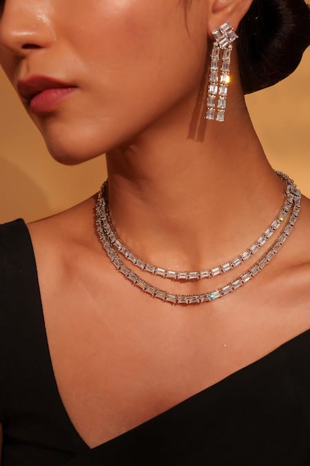 Shop_Zevar By Geeta_White Fabric Flowers Faux Diamond Layered Necklace And Earring Set _Online_at_Aza_Fashions