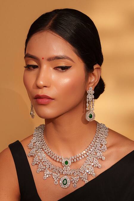 Zevar By Geeta Green Fabric Flowers Faux Diamond Stone Necklace Set Online at Aza Fashions Zevar By Geeta_Green Fabric Flowers Faux Diamond Stone Necklace Set _Online_at_Aza_Fashions