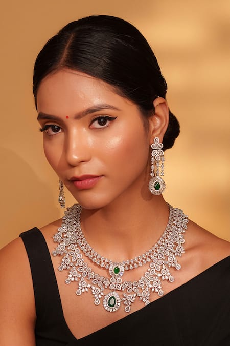 Zevar By Geeta Green Fabric Flowers Faux Diamond Stone Necklace Set 