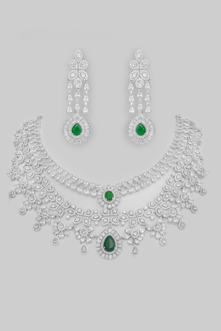 Shop Zevar By Geeta Green Fabric Flowers Faux Diamond Stone Necklace Set at Aza Fashions Shop_Zevar By Geeta_Green Fabric Flowers Faux Diamond Stone Necklace Set _at_Aza_Fashions