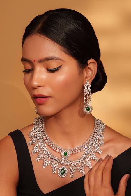 Shop Zevar By Geeta Green Fabric Flowers Faux Diamond Stone Necklace Set Online at Aza Fashions Shop_Zevar By Geeta_Green Fabric Flowers Faux Diamond Stone Necklace Set _Online_at_Aza_Fashions