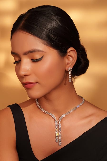 Zevar By Geeta_White Fabric Flowers Faux Diamond Long Necklace And Earring Set _Online_at_Aza_Fashions