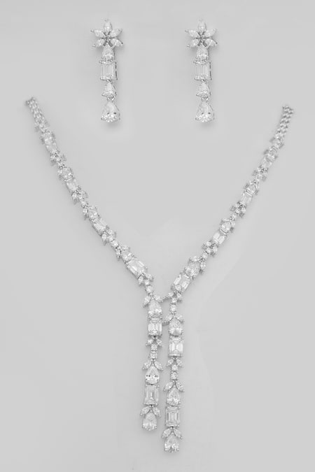 Zevar By Geeta Faux Diamond Long Necklace & Earring Set 