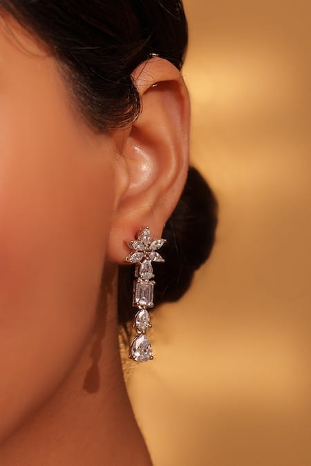 Shop_Zevar By Geeta_White Fabric Flowers Faux Diamond Long Necklace And Earring Set _Online_at_Aza_Fashions