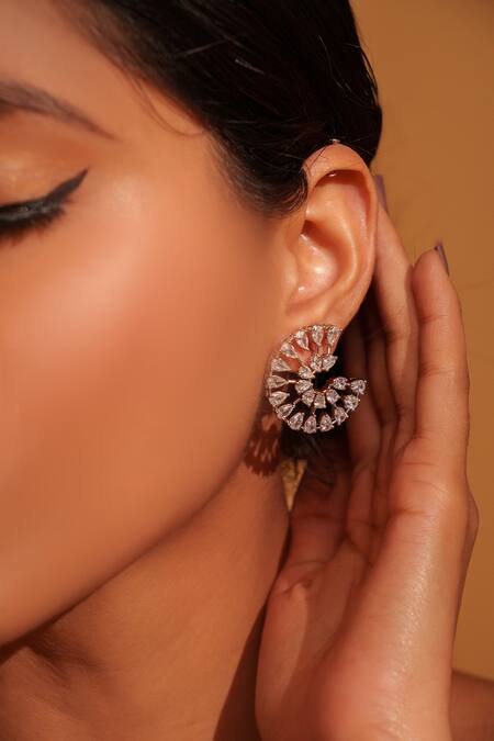Zevar By Geeta_White Foil Printing, Diamonds Faux Stud Earrings _Online_at_Aza_Fashions