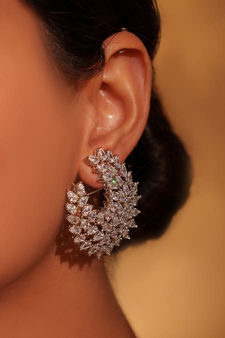 Zevar By Geeta_White Fabric Flowers Faux Diamond Embellished Stud Earrings _Online_at_Aza_Fashions