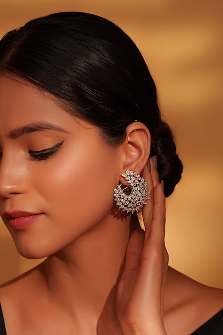 Buy_Zevar By Geeta_White Fabric Flowers Faux Diamond Embellished Stud Earrings _Online_at_Aza_Fashions