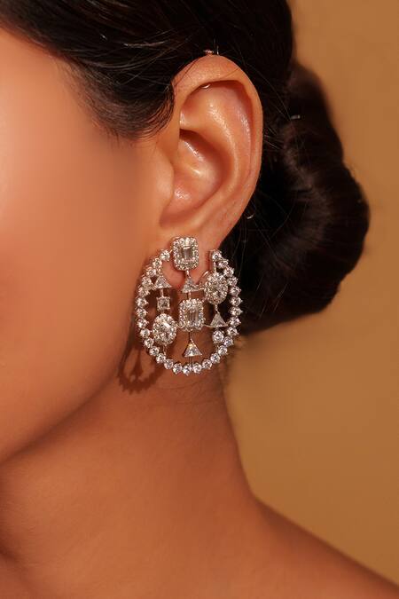 Zevar By Geeta_White Fabric Flowers Faux Diamond Embellished Stud Earrings _Online_at_Aza_Fashions