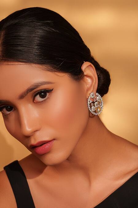 Buy_Zevar By Geeta_White Fabric Flowers Faux Diamond Embellished Stud Earrings _Online_at_Aza_Fashions