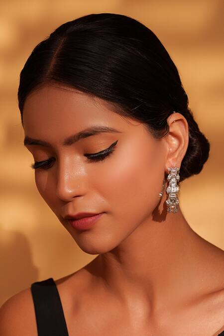 Shop Zevar By Geeta White Foil Printing Faux Diamond Hoop Earrings Online at Aza Fashions Shop_Zevar By Geeta_White Foil Printing Faux Diamond Hoop Earrings _Online_at_Aza_Fashions