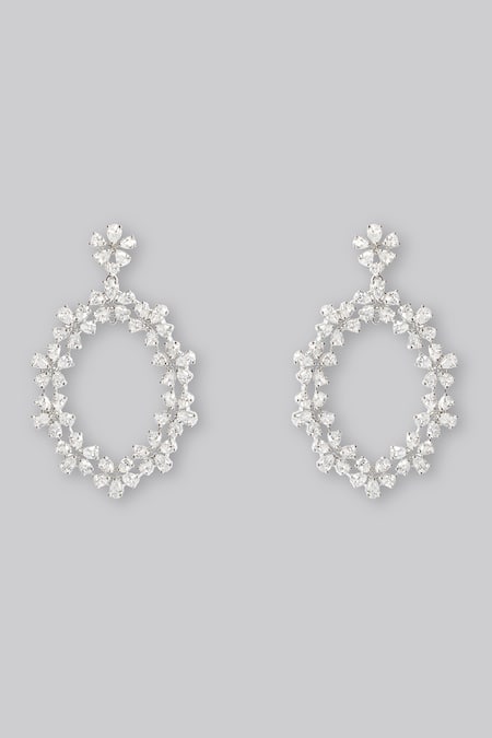 Shop_Zevar By Geeta_White Foil Printing Floral Drop Faux Diamond Earrings _at_Aza_Fashions