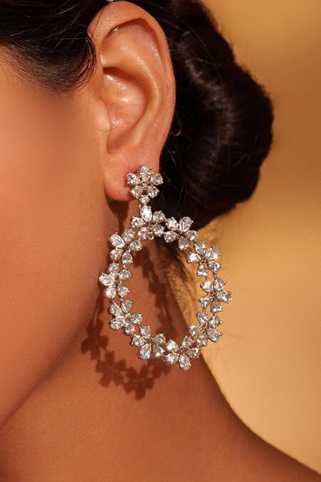 Zevar By Geeta_White Foil Printing Floral Drop Faux Diamond Earrings _Online_at_Aza_Fashions