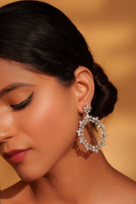 Buy_Zevar By Geeta_White Foil Printing Floral Drop Faux Diamond Earrings _Online_at_Aza_Fashions