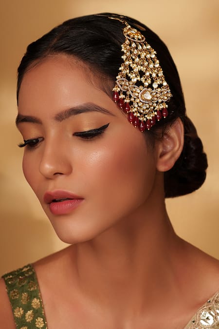 Zevar By Geeta Gold Plated Polki Studded Passa With Bead Drops Online at Aza Fashions Zevar By Geeta_Gold Plated Polki Studded Passa With Bead Drops _Online_at_Aza_Fashions