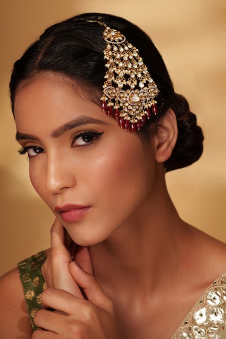 Shop Zevar By Geeta Gold Plated Polki Studded Passa With Bead Drops Online at Aza Fashions Shop_Zevar By Geeta_Gold Plated Polki Studded Passa With Bead Drops _Online_at_Aza_Fashions