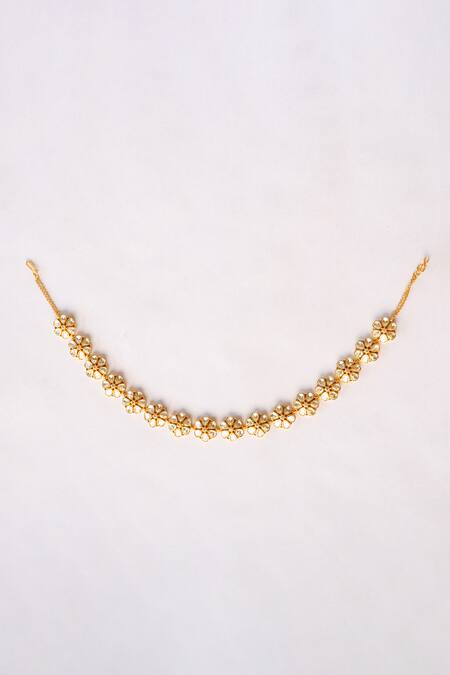 Shop Zevar By Geeta Gold Plated Moissanite Studded Floral Mathapatti at Aza Fashions Shop_Zevar By Geeta_Gold Plated Moissanite Studded Floral Mathapatti _at_Aza_Fashions