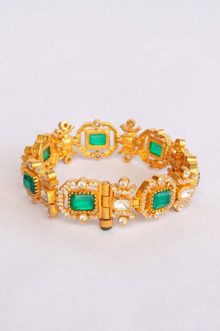 Zevar By Geeta Gold Plated Stones, Diamonds Geometric Moissanite And Green Bracelet Online at Aza Fashions Zevar By Geeta_Gold Plated Stones, Diamonds Geometric Moissanite And Green Bracelet _Online_at_Aza_Fashions