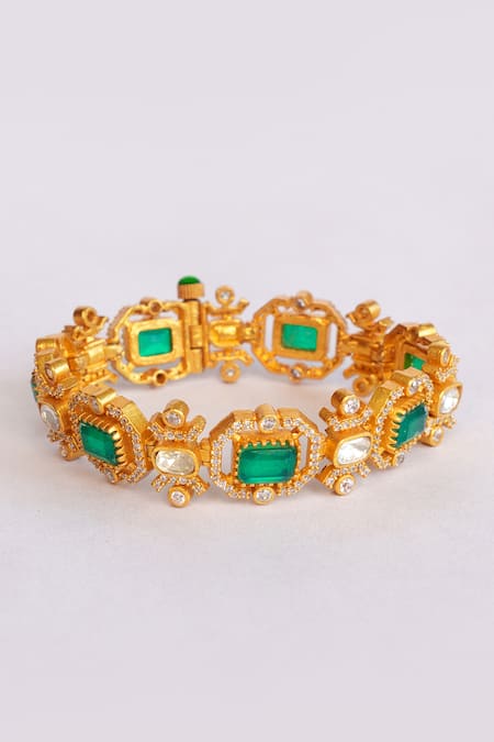Shop Zevar By Geeta Gold Plated Stones, Diamonds Geometric Moissanite And Green Bracelet at Aza Fashions Shop_Zevar By Geeta_Gold Plated Stones, Diamonds Geometric Moissanite And Green Bracelet _at_Aza_Fashions