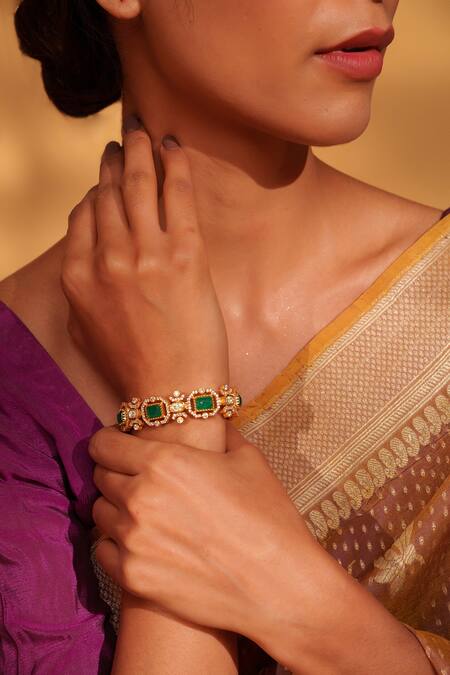 Buy Zevar By Geeta Gold Plated Stones, Diamonds Geometric Moissanite And Green Bracelet Online at Aza Fashions Buy_Zevar By Geeta_Gold Plated Stones, Diamonds Geometric Moissanite And Green Bracelet _Online_at_Aza_Fashions
