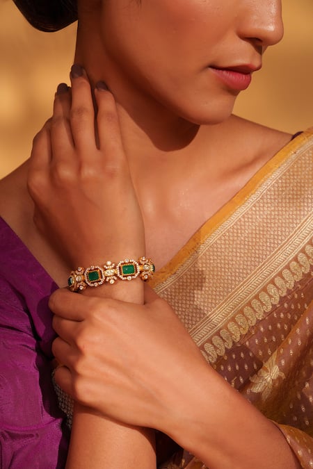 Shop Zevar By Geeta Gold Plated Stones, Diamonds Geometric Moissanite And Green Bracelet Online at Aza Fashions Shop_Zevar By Geeta_Gold Plated Stones, Diamonds Geometric Moissanite And Green Bracelet _Online_at_Aza_Fashions