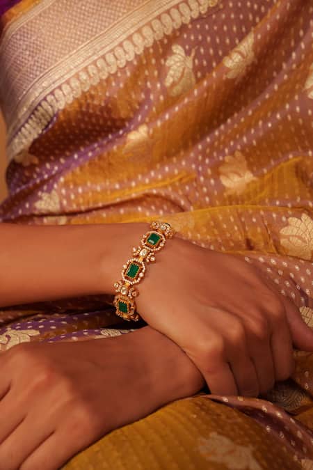Zevar By Geeta Gold Plated Stones, Diamonds Geometric Moissanite And Green Bracelet at Aza Fashions Zevar By Geeta_Gold Plated Stones, Diamonds Geometric Moissanite And Green Bracelet _at_Aza_Fashions