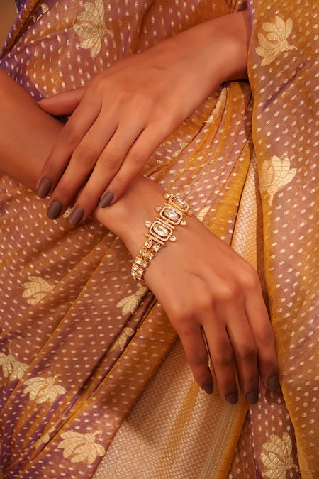 Shop Zevar By Geeta Gold Plated Stones, Crystals Moissanite Geometric Bracelet Online at Aza Fashions Shop_Zevar By Geeta_Gold Plated Stones, Crystals Moissanite Geometric Bracelet _Online_at_Aza_Fashions