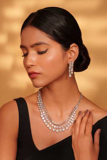 Shop Zevar By Geeta White Stones Embellished Layered Necklace Set at Aza Fashions Shop_Zevar By Geeta_White Stones Embellished Layered Necklace Set _at_Aza_Fashions