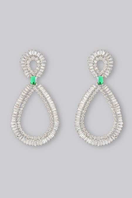 Zevar By Geeta Geometric Dangler Earrings with Green Accent 
