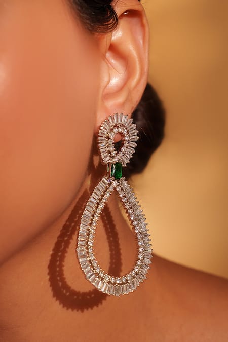 Zevar By Geeta_Green Fabric Flowers Geometric Dangler Earrings With Accent _Online_at_Aza_Fashions