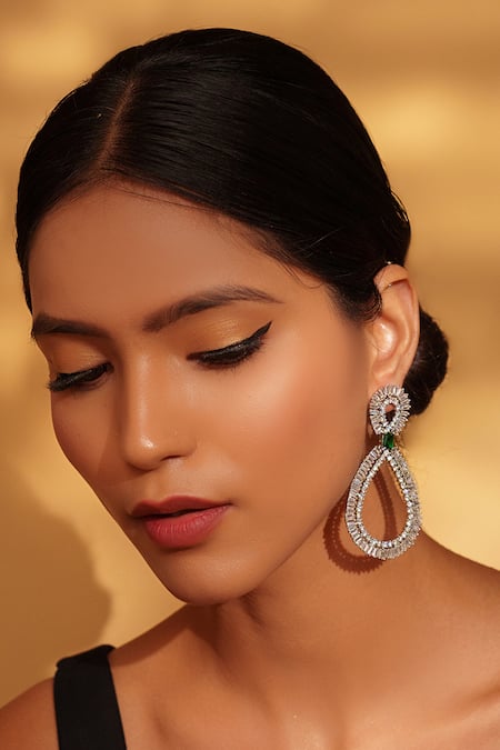 Buy_Zevar By Geeta_Green Fabric Flowers Geometric Dangler Earrings With Accent _Online_at_Aza_Fashions