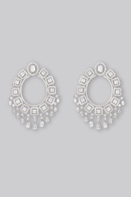 Shop Zevar By Geeta White Fabric Flowers Faux Diamond Stone Geometric Dangler Earrings at Aza Fashions Shop_Zevar By Geeta_White Fabric Flowers Faux Diamond Stone Geometric Dangler Earrings _at_Aza_Fashions