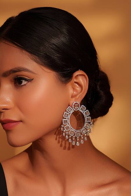 Buy Zevar By Geeta White Fabric Flowers Faux Diamond Stone Geometric Dangler Earrings Online at Aza Fashions Buy_Zevar By Geeta_White Fabric Flowers Faux Diamond Stone Geometric Dangler Earrings _Online_at_Aza_Fashions