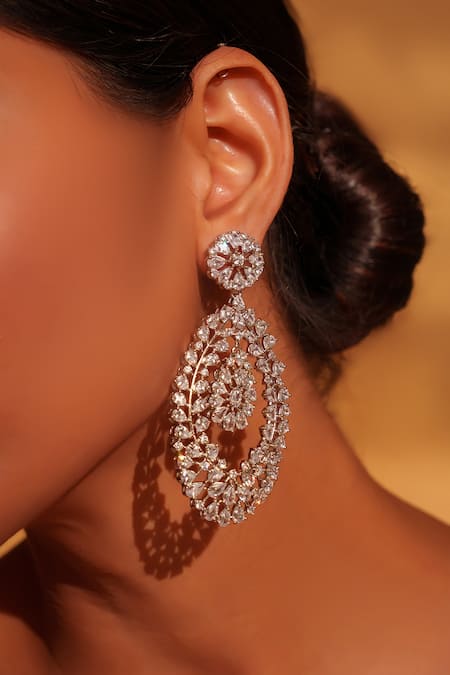 Zevar By Geeta_White Fabric Flowers Geometric Floral Dangler Earrings _Online_at_Aza_Fashions