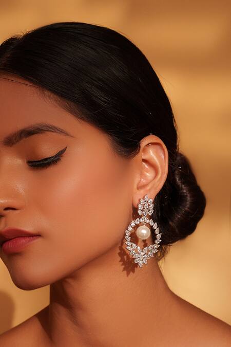 Buy_Zevar By Geeta_White Fabric Flowers, Pearls Floral Cutwork Drop Earrings _Online_at_Aza_Fashions